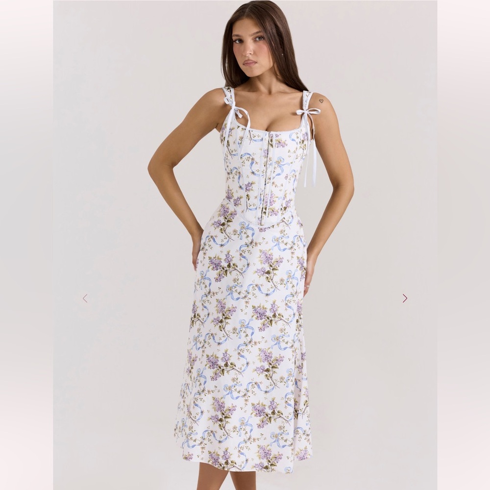 House of CB Dionne Off White Floral Print Cotton MIDI Dress